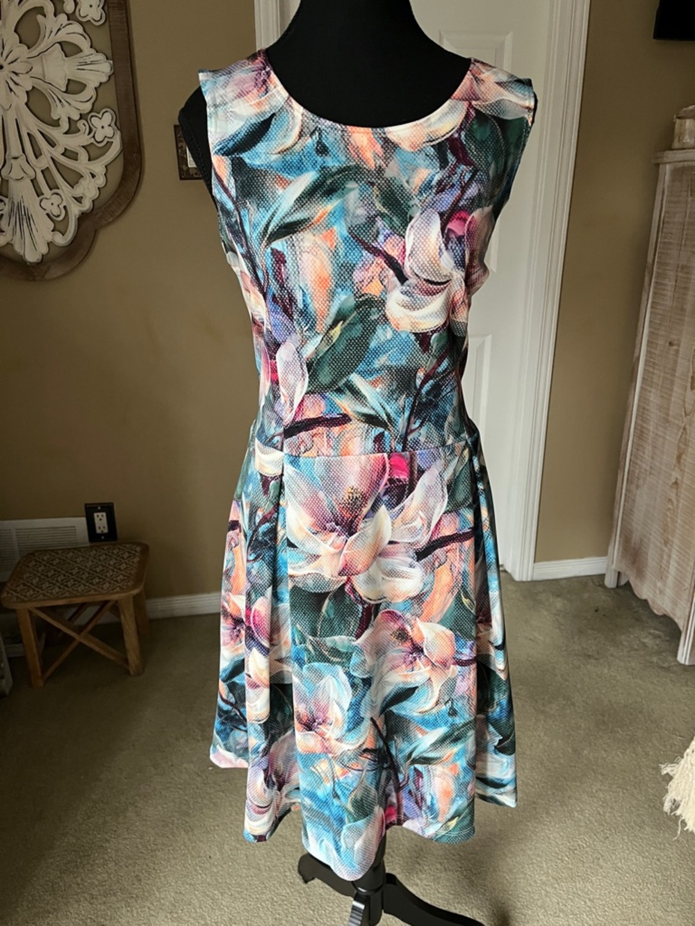 Sleeveless Floral Midi Dress in Teal & Pink